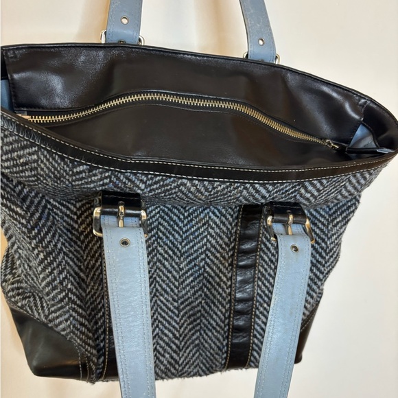 Coach Hampton Blue Black Wool Tweed Leather Trim Tote - Picture 7 of 10